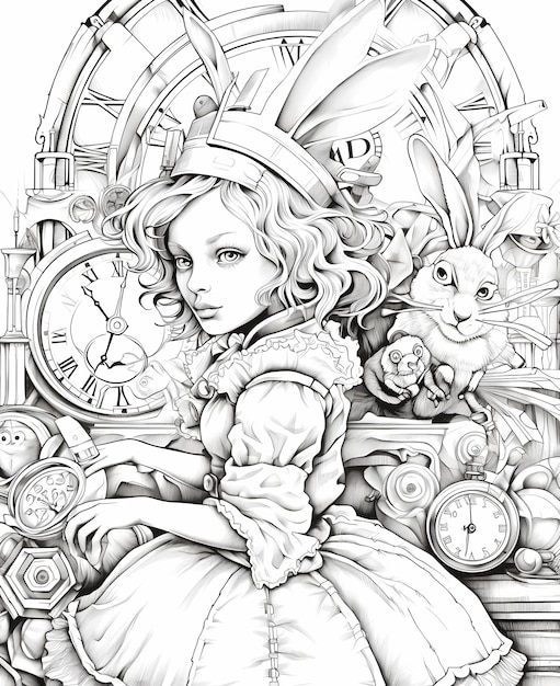 Premium ai image adult coloring page alice loves the white rabbit steampunk style