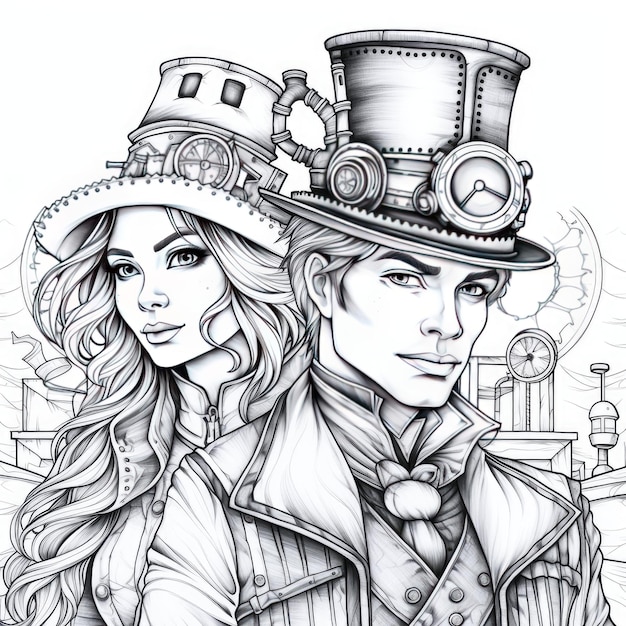 Premium ai image immerse in intricate steampunk designs vibrant adult coloring pages with white background and bold