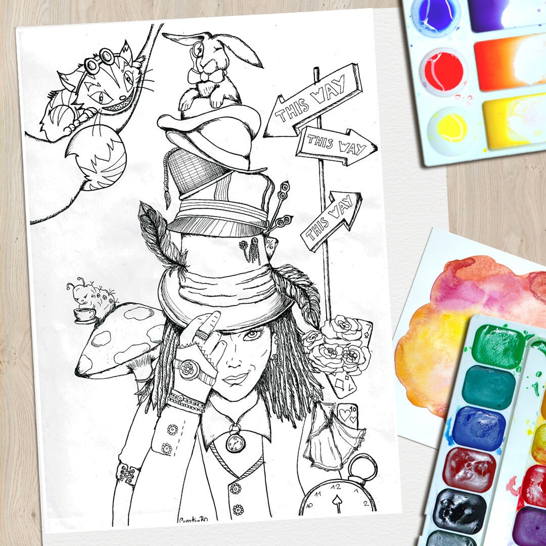 Adult downloadable coloring page for anxiety relief teens mindfulness coloring steampunk mad hatter alice in wonderland grayscale coloring