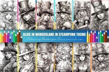 Alice in wonderland in steampunk coloring page by digital study tpt