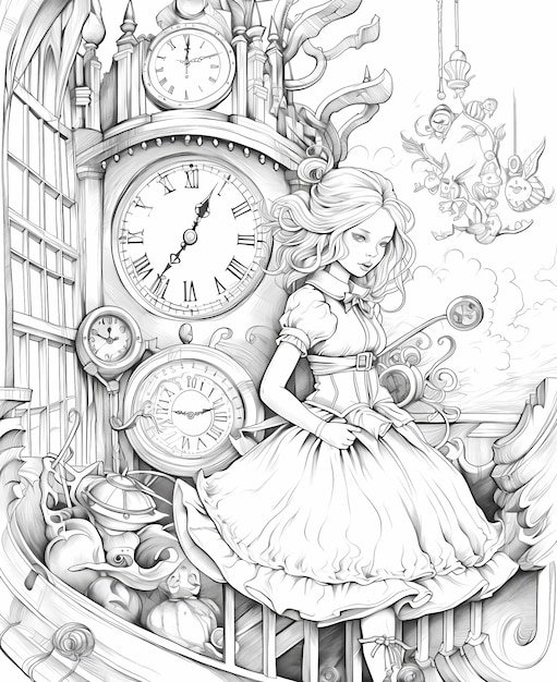 Premium ai image adult coloring page alice loves the white rabbit steampunk style