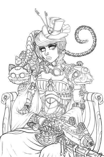 Steampunk alice and chesire cat steampunk coloring adult coloring pages coloring pages