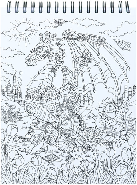 The colorful world of steampunk coloring book for adults with hardback covers spiral binding â