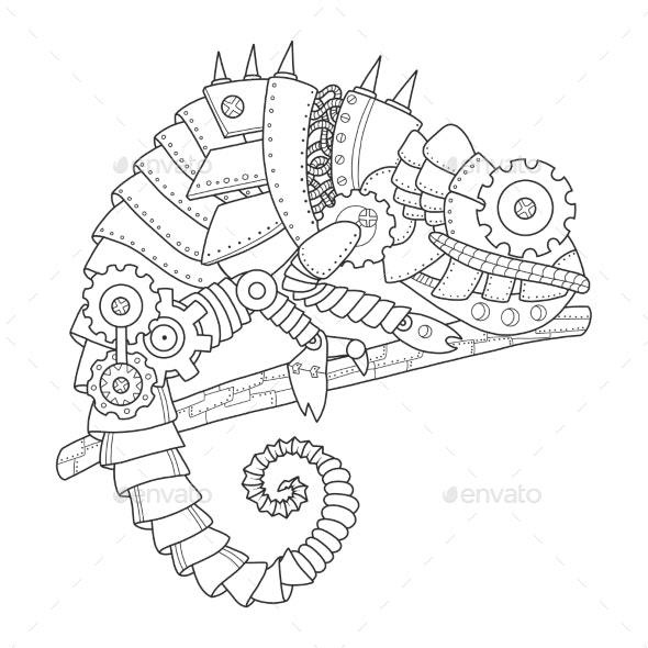 Steampunk style chameleon coloring book vector vectors