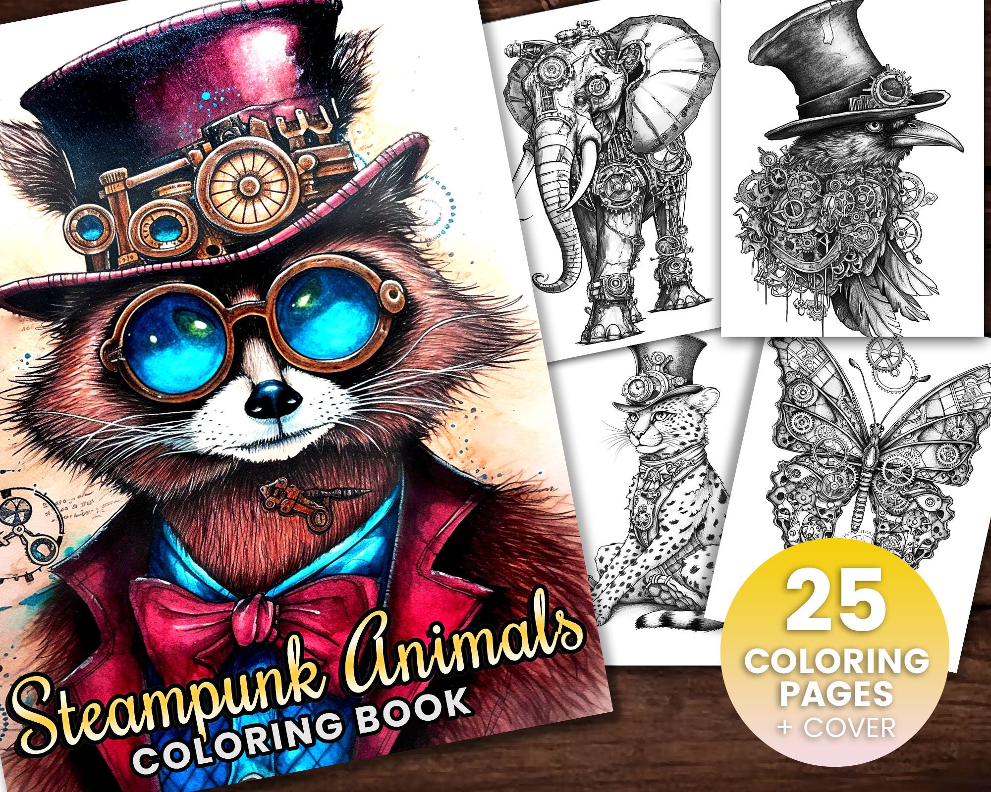 Steampunk animals coloring book adults kids instant download grayscale coloring page printable pdf racoon lion elephant steampunk