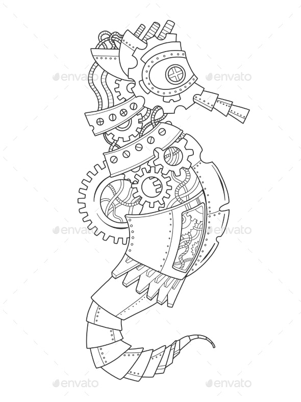 Steampunk style sea horse coloring book vectors