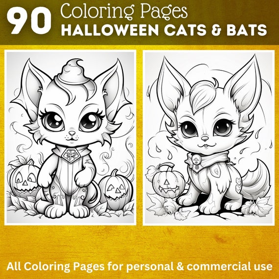 Halloween coloring pages cats and bats printable coloring book coloring pages for kids adults digital coloring digital download