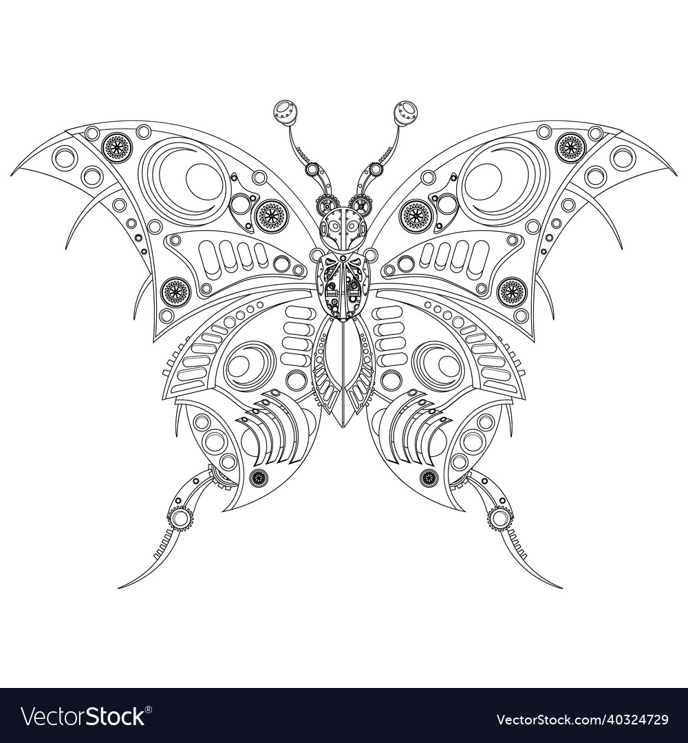 Steampunk insect butterfly robot coloring book vector image