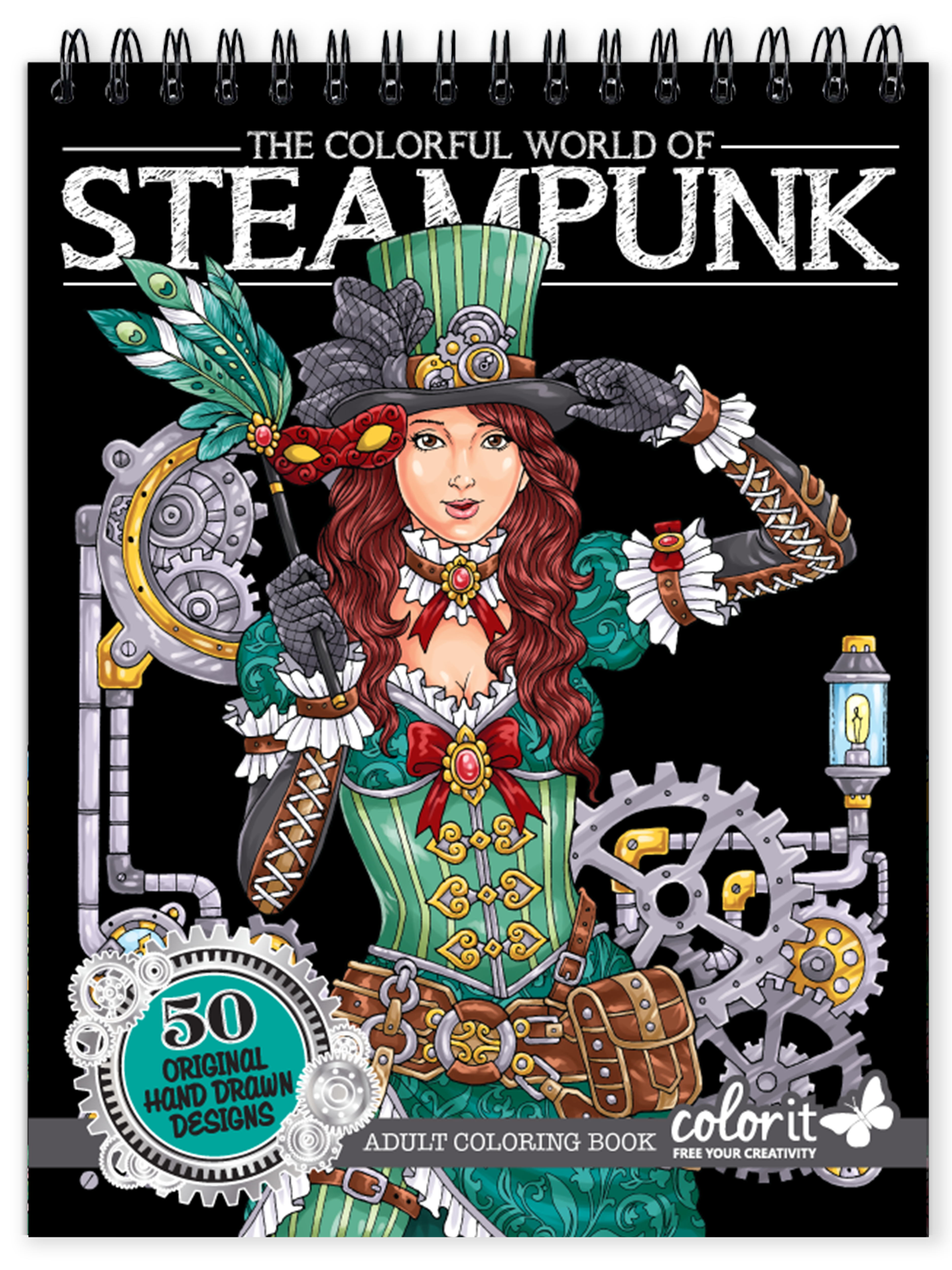 The colorful world of steampunk coloring book for adults with hardback covers spiral binding â