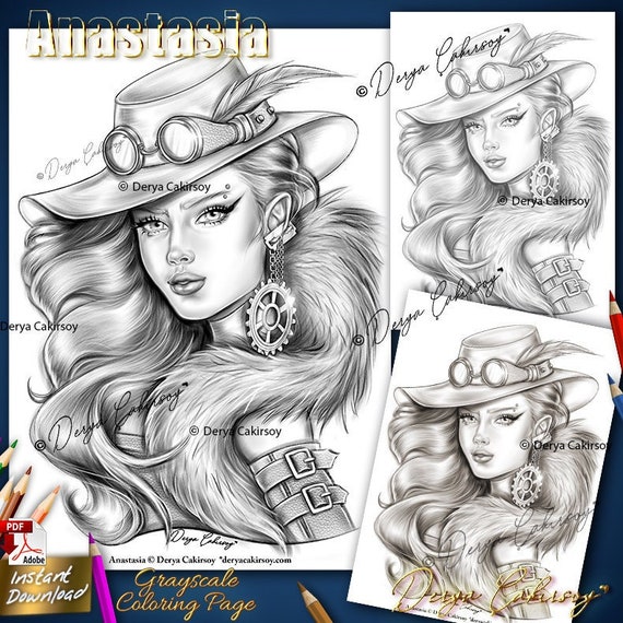 Anastasia coloring page grayscale llustration steampunk fantasy fashion woman download printable pdf derya cakirsoy