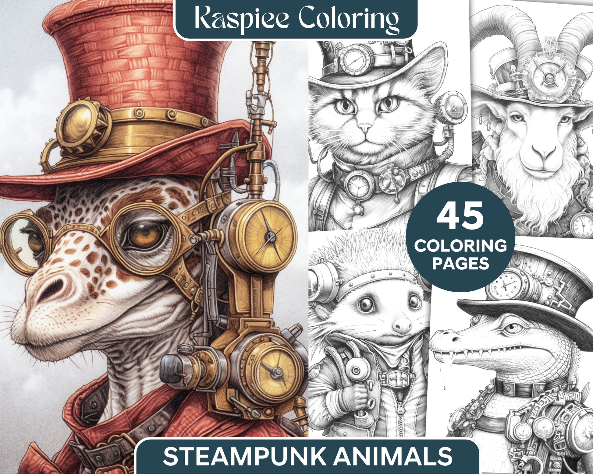 Steampunk animals grayscale coloring pages printable for adults vol â coloring