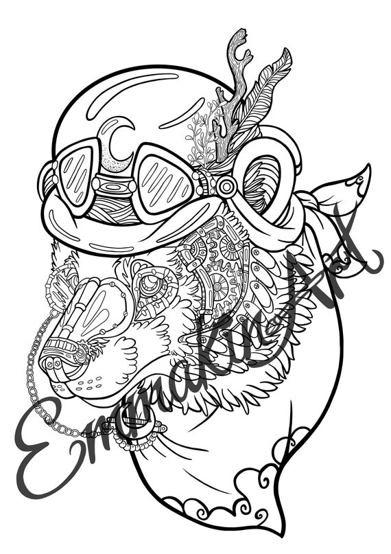 Steampunk bear coloring page for adults digital download instant download