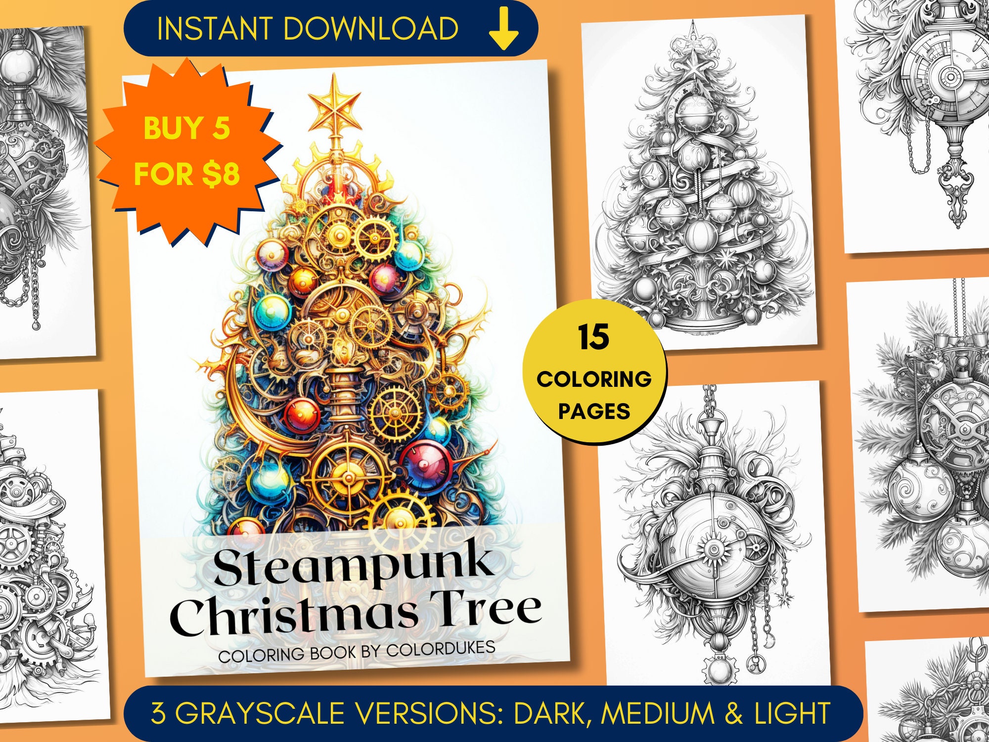 Steampunk christmas coloring pages for adults grayscale coloring sheets printable pdf