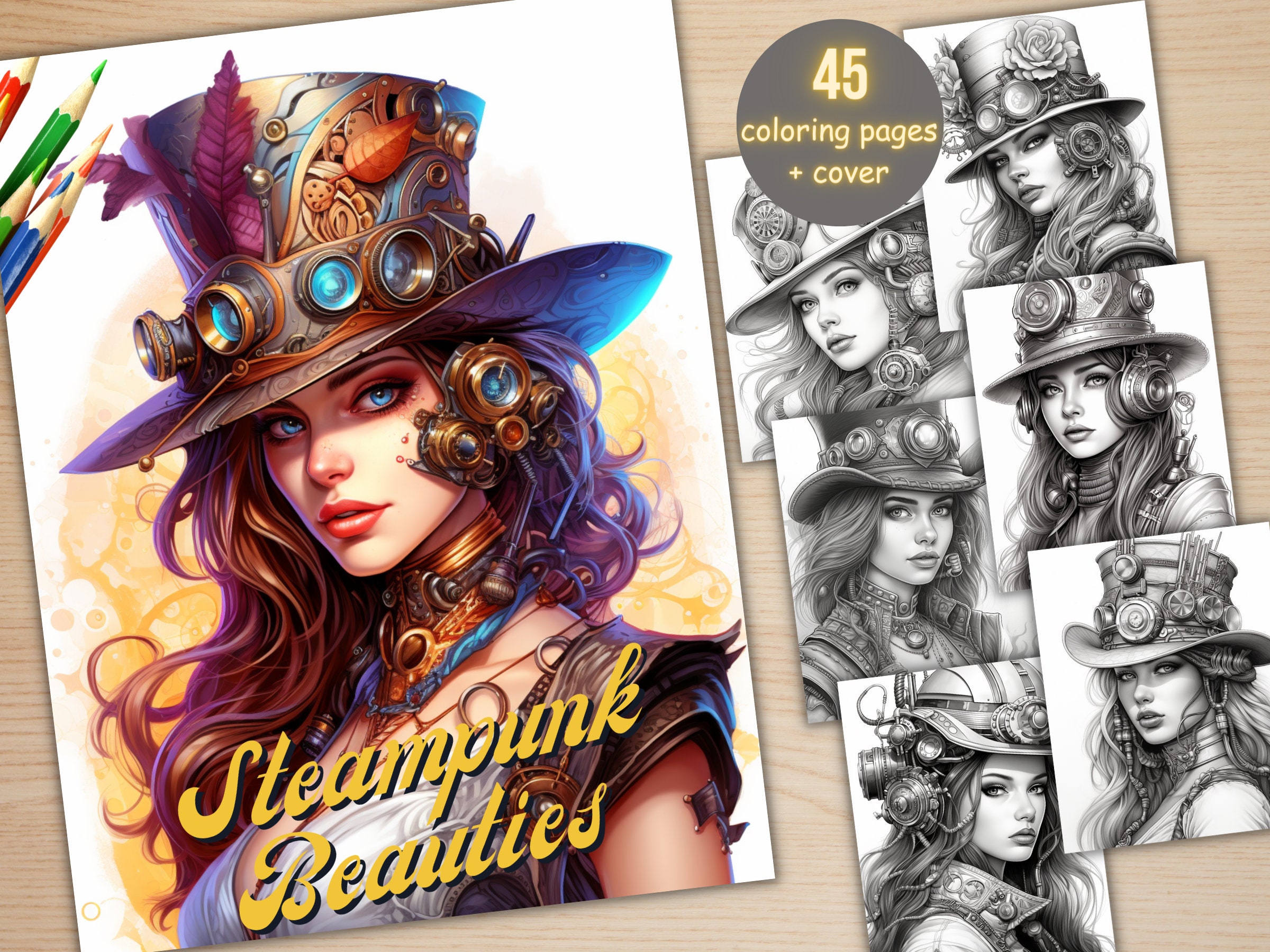 Steampunk beauties coloring book printable futuristic woman coloring pages fantasy grayscale cyberpunk girls coloring book for adults