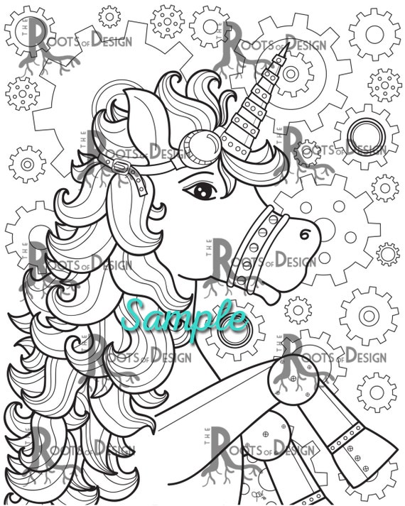 Instant download coloring page steampunk unicorn art coloring print doodle art printable