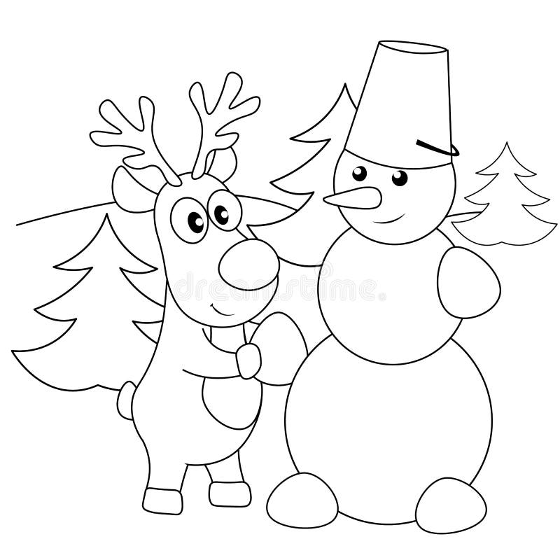 Vector coloring pages with cute deer sculpts a snowman in the winter forest cartoon contour illustration isolated on white stock vector