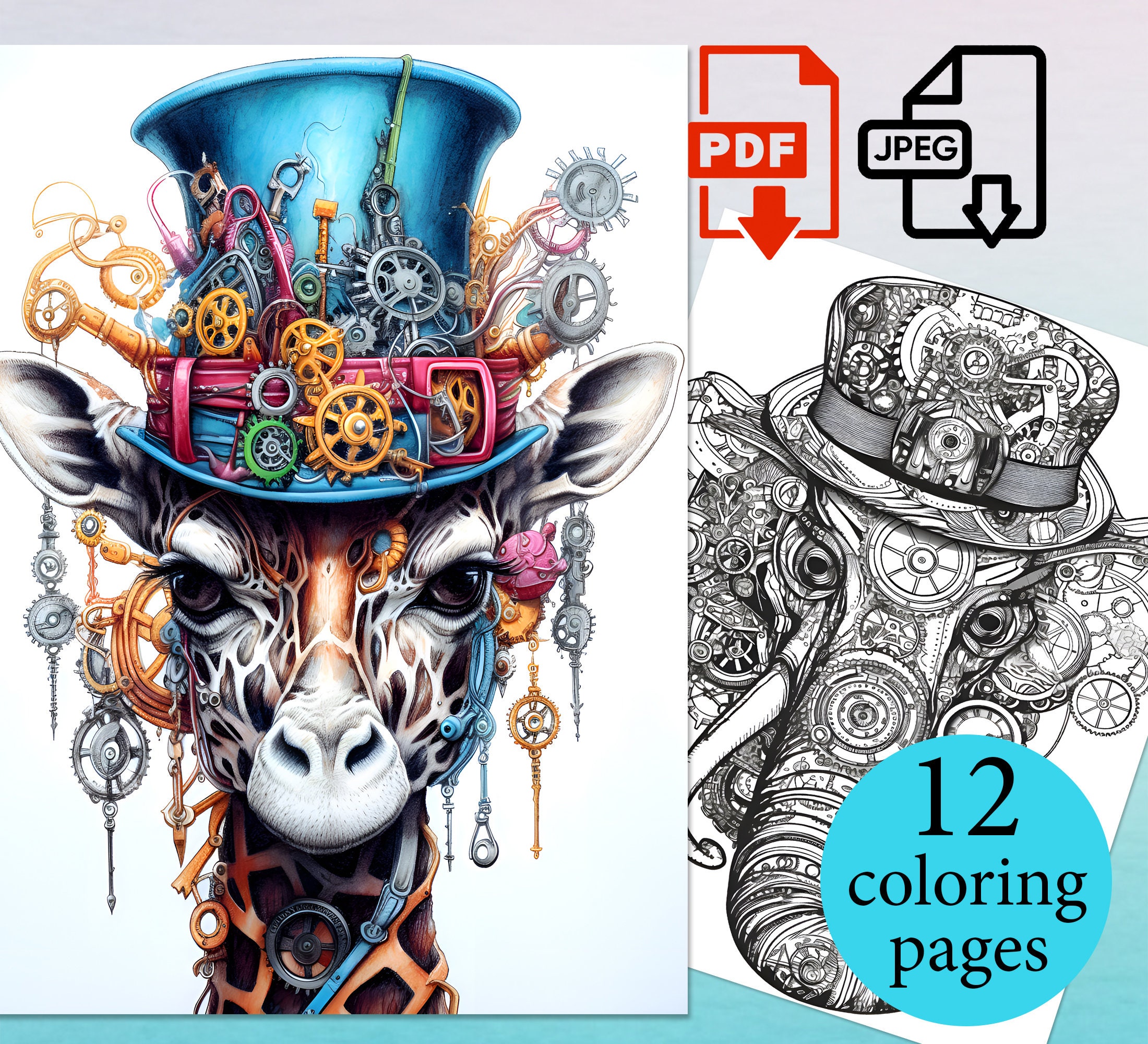 Mechanical steampunk animals coloring book coloriage sheets adults kids activity pages instant download printable pdf jpeg