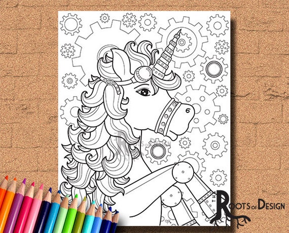 Instant download coloring page steampunk unicorn art coloring print doodle art printable