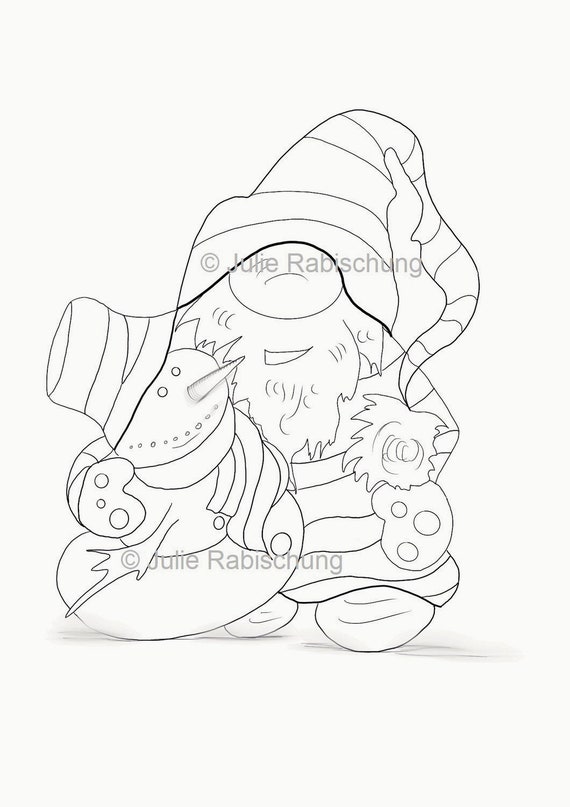 Gnomie and snowman coloring page cute gnomie lineart gnomie and snowman digi stamp printable gnomie coloring page