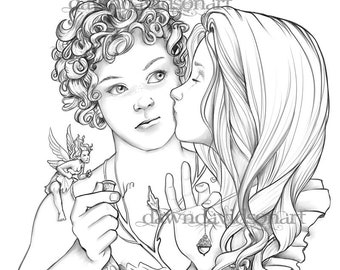 Thimble peter pan coloring page printable colouring for adults instant download grayscale coloring fantasy stress relief instant download