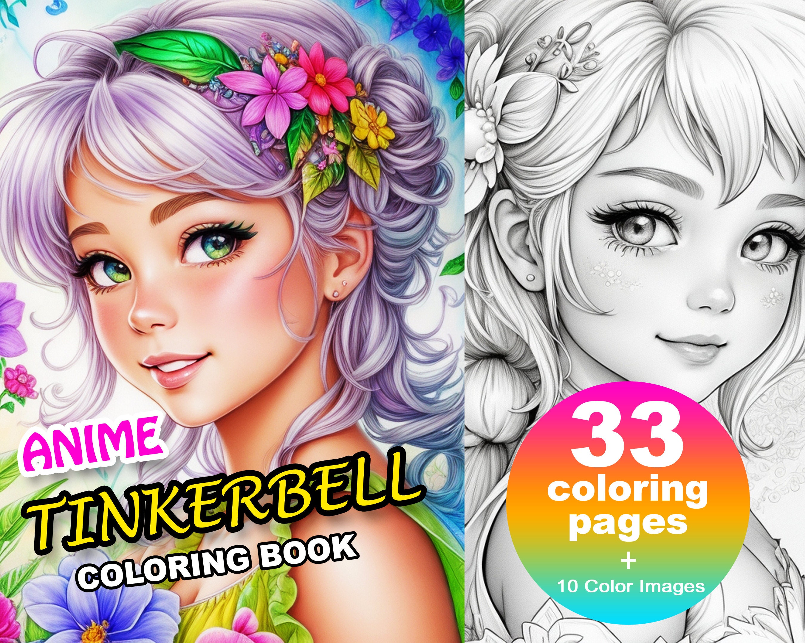 Fantastic tinker bell fairy girls anime coloring book adults kids instant download grayscale coloring page gift printable art pdf