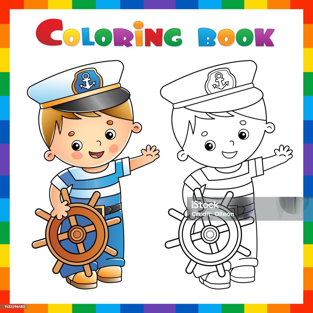 Coloring page outline of cartoon sailor or seaman with steering wheel or helm profession coloring book for kids stock illustration