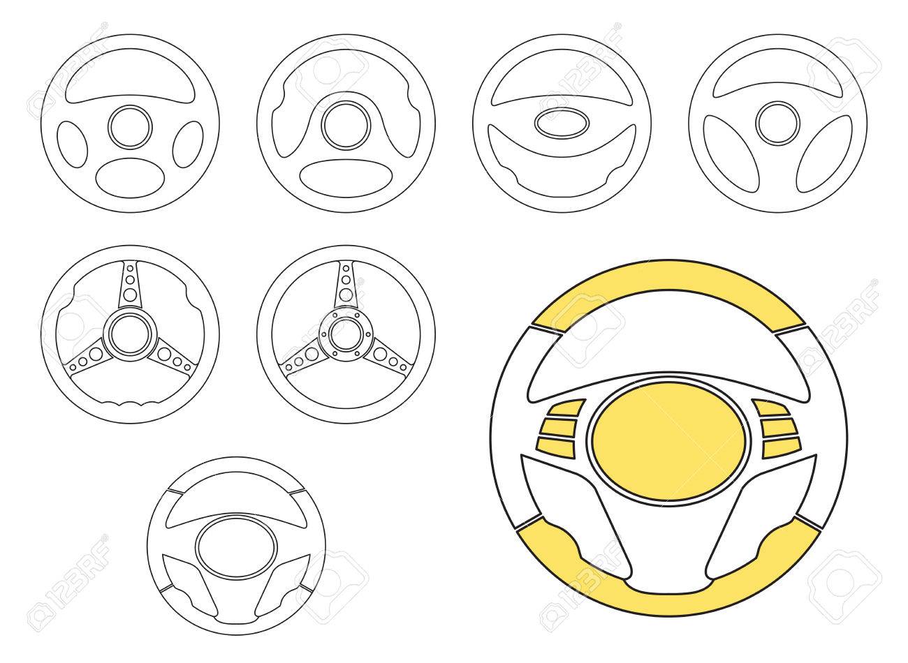 Set of car steering wheel vector icons thin line symbols automobile steering wheel icons in outline style auto steering wheel thin line icons car steering wheel icon design elements eps vector royalty