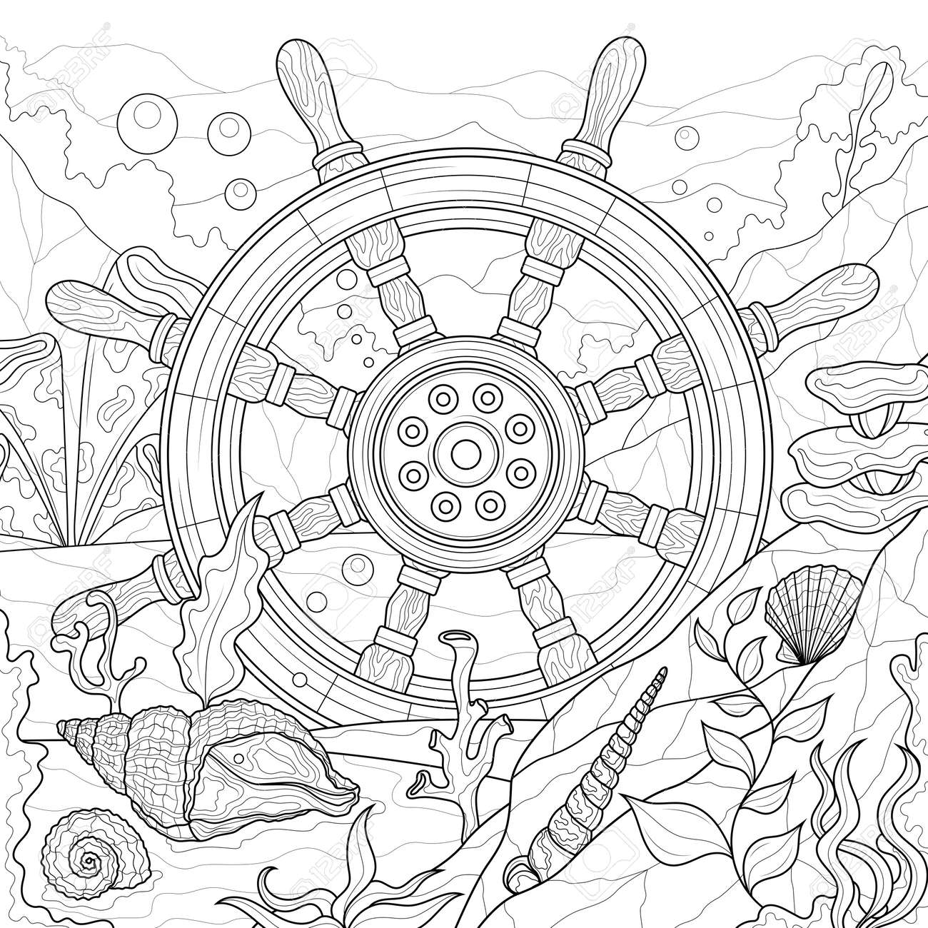 Steering wheel of the ship on the seabedcoloring book antistress for children and adults illustration isolated on white backgroundzen