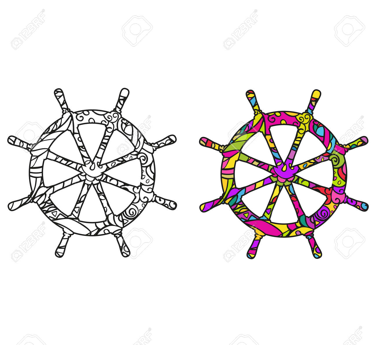 Template for coloring book ships steering wheel isolated color and black and white vector graphics on a white background royalty free svg cliparts vectors and stock illustration image