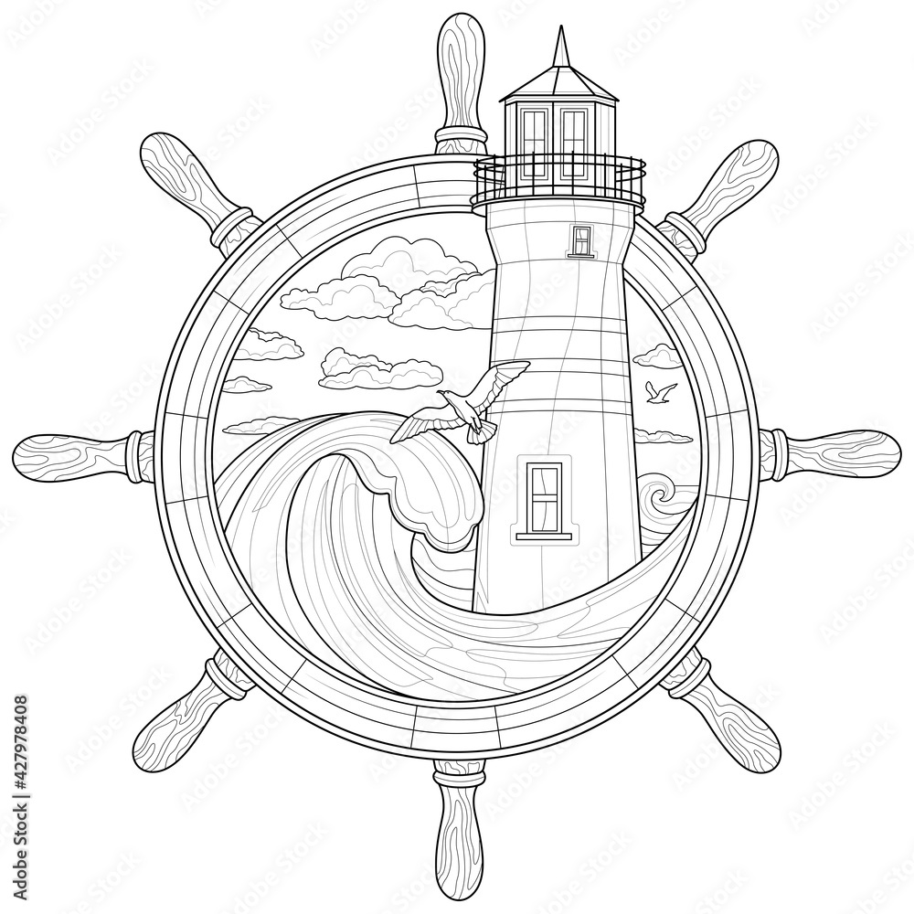 Steering wheel of the ship and the lighthousecoloring book antistress for children and adults vector