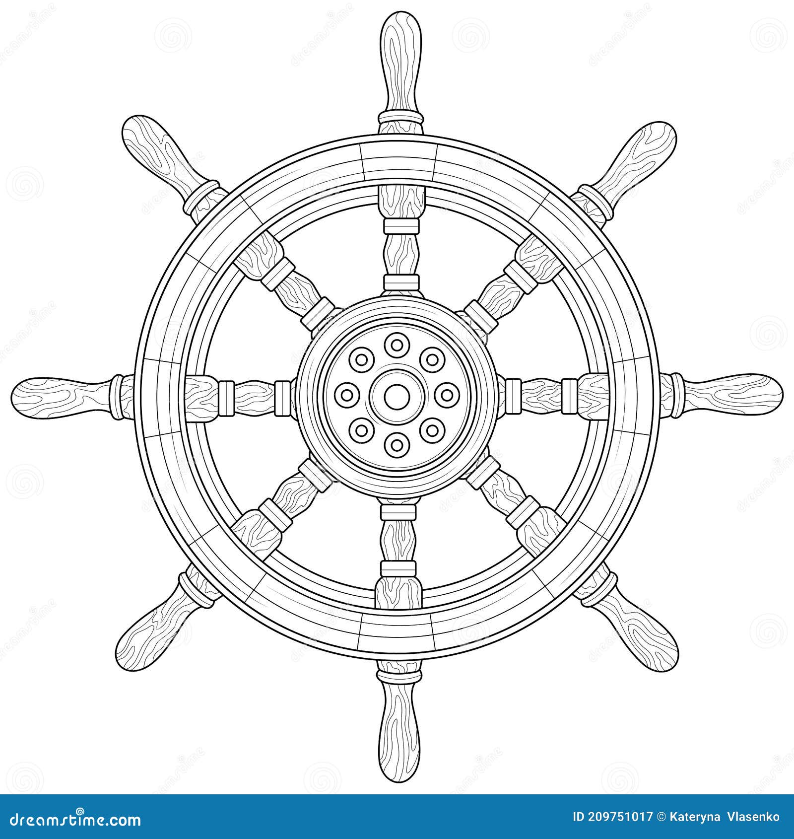 Steering wheel of the shipcoloring book antistress for children and adults stock vector