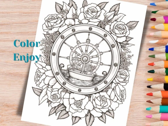 Ships steering wheel set of coloring pages for adults and kids instant digital downloads jpg and pdf files