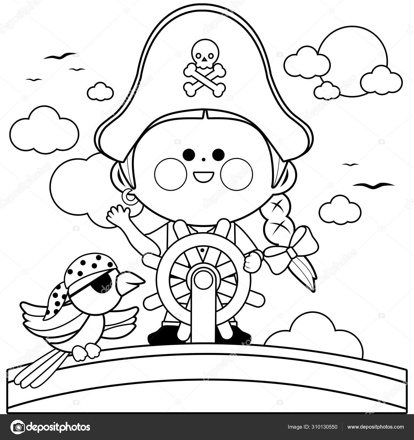 Pirate girl captain sailing on ship with steering wheel black and white coloring book page stock vector by stockakia