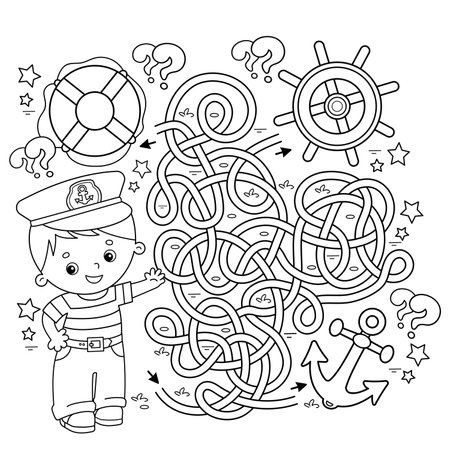 Maze or labyrinth game puzzle tangled road coloring page outline of cartoon sailor with anchor steering wheel and lifebuoy profession coloring book for kids