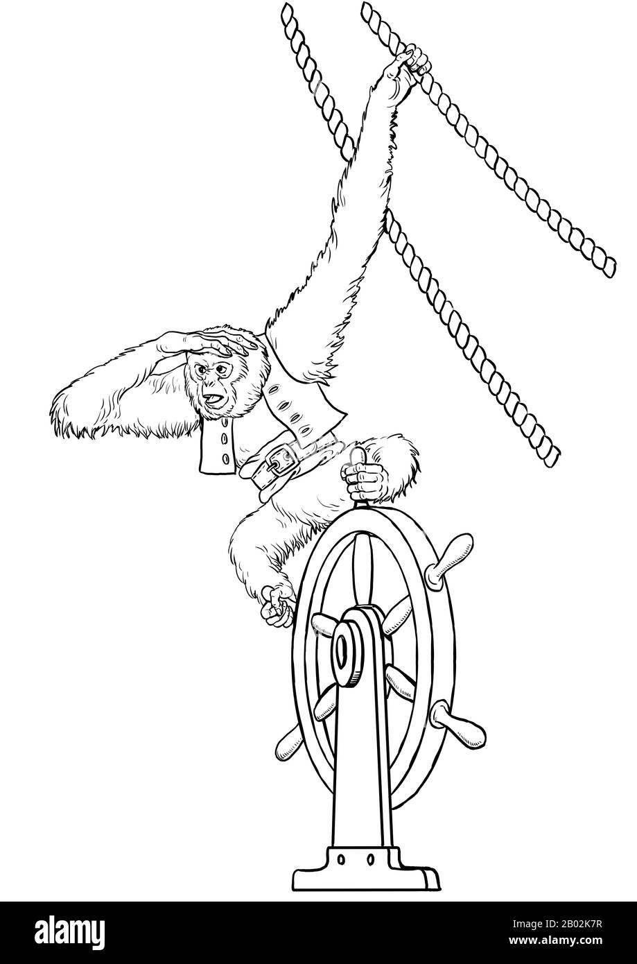 Gibbon with ship steering wheel coloring page outline clipart illustration monkey and apes pirates coloring sheet stock photo