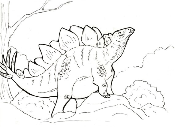 Dinosaur coloring page stegosaurus printable unique hand drawn designs instant download