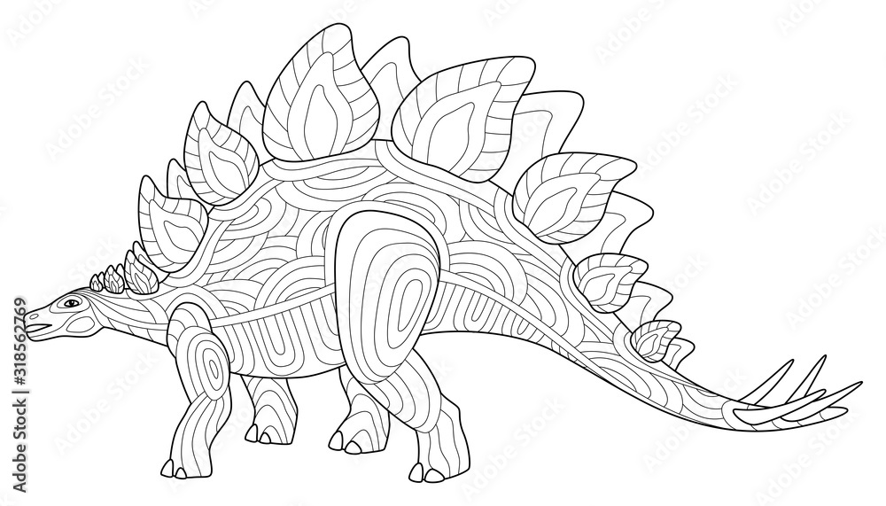 Stegosaurus dinosaur adult coloring book page vector lineart illustration isolated on white background anti stress coloring book page with doodle and zentangle elements vector