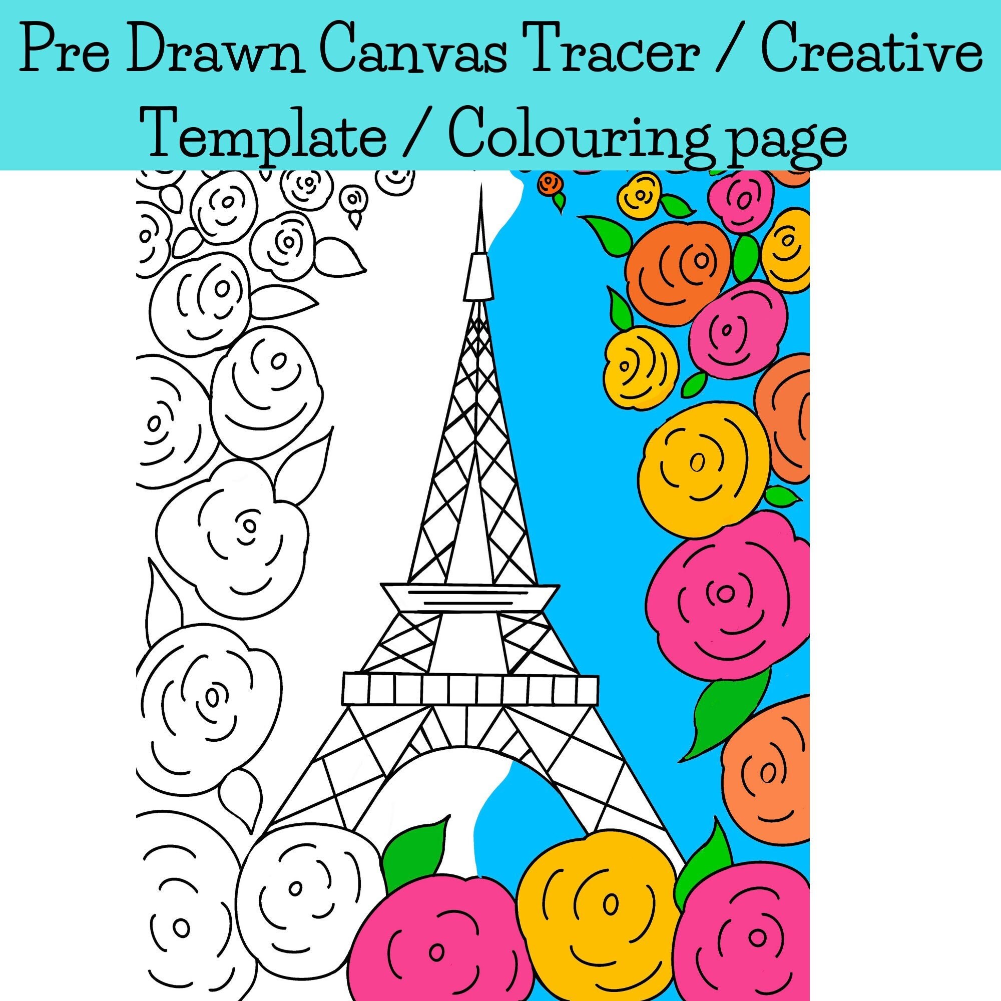 Canvas tracer template paris eiffel tower french themed art craft creations paint party or coloring page jpg instant digital download