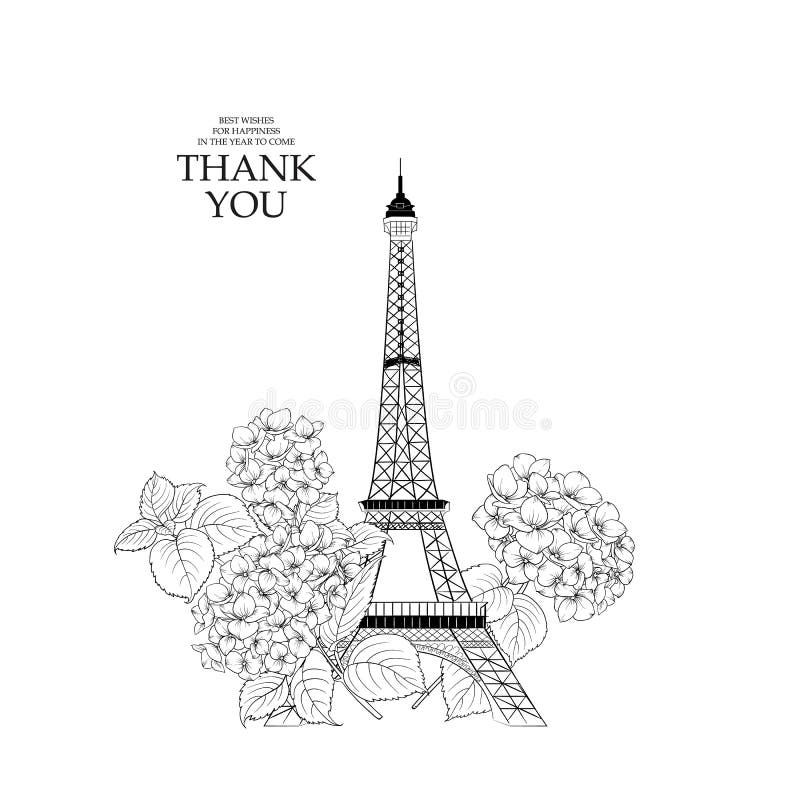 Wedding invitation card template eiffel tower simbol with spring blooming flowers over white with sign thank you stock vector