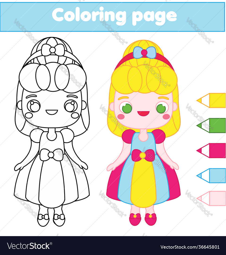 Coloring page with cute princess drawing kids vector image
