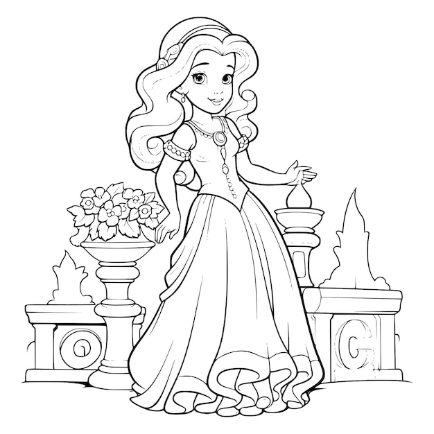 Premium vector beautiful princess in garden coloring pages drawing for kids