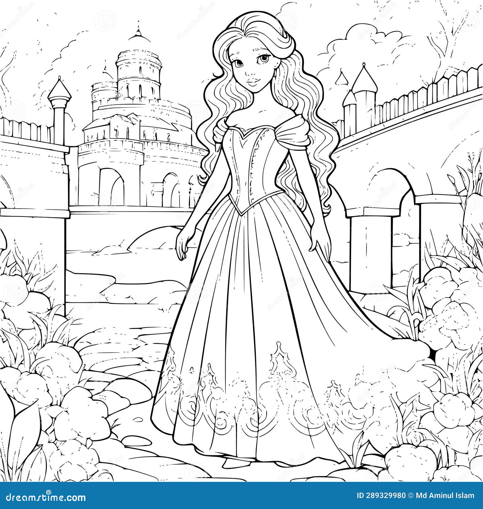 Beautiful princess in garden coloring pages drawing for kids stock vector
