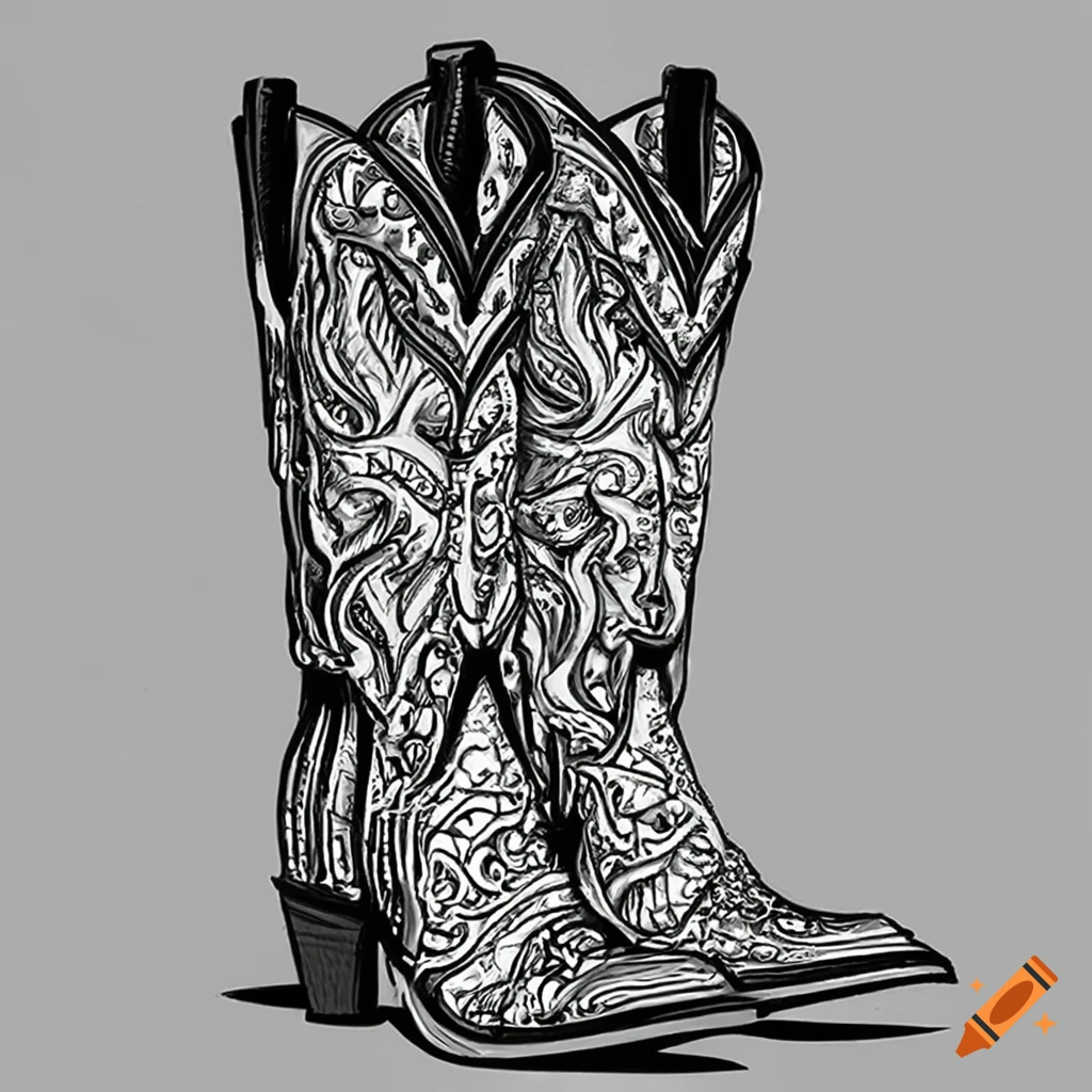 Detailed line drawing of a decorative cowboy boot on