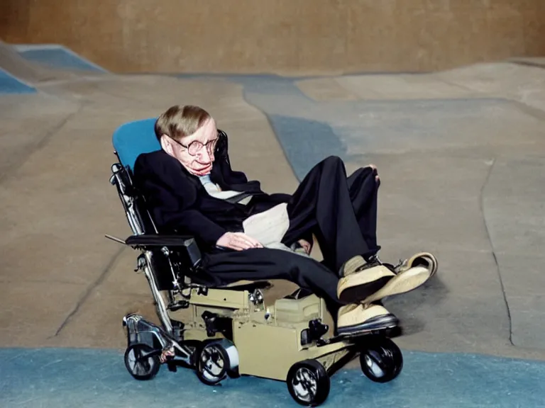 A color photo of stephen hawking in a skatepark stable diffusion