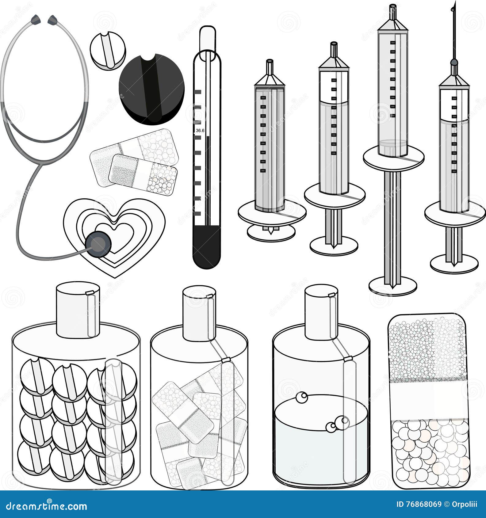 Coloring set medical stethoscope thermometer syringe pill vector illustration stock vector