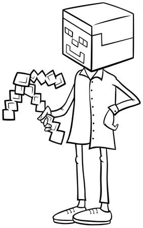 Black and white cartoon illustration of boy in steve from minecraft costume at halloween party or masked ball coloring book page