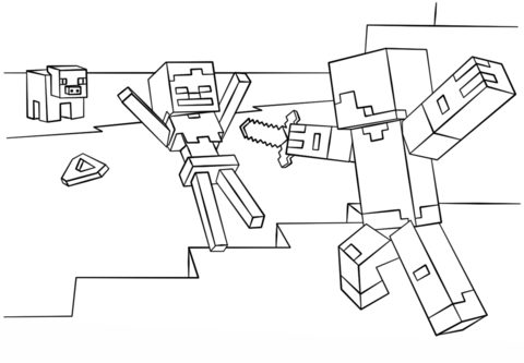 Minecraft steve vs skeleton coloring page free printable coloring pages