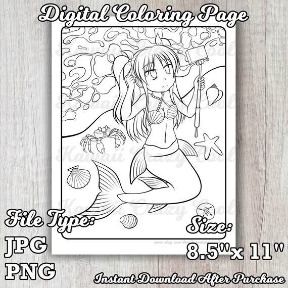 Mermaid with a selfie stick digital coloring page