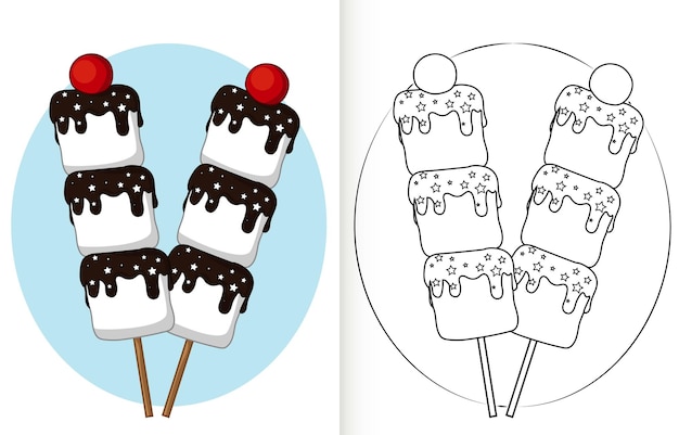 Premium vector cute little marshmallows on stick marshmallows coloring page for kids