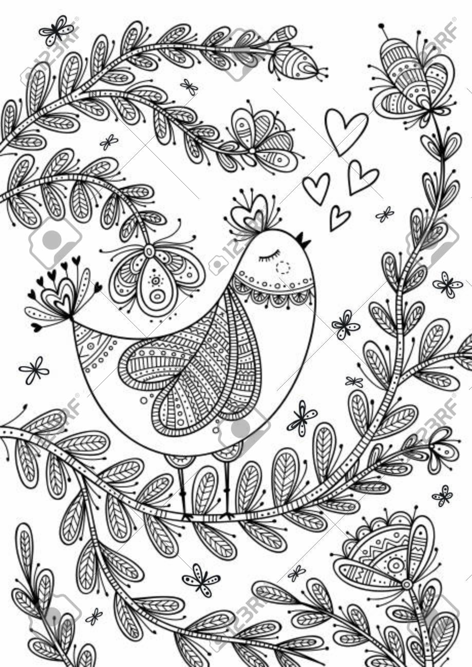 Beautiful detailed coloring page with bird in boho style with ornaments can be used as a stickercard design template coloring page print royalty free svg cliparts vectors and stock illustration image